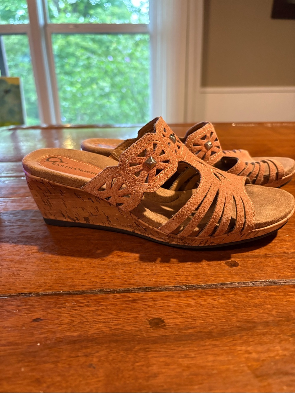 Earth Origins Tan Suede Cutout Cork Wedge Slide Sandals